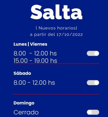 SUCURSAL SALTA- HORARIOS A PARTIR DEL 17/10/2022